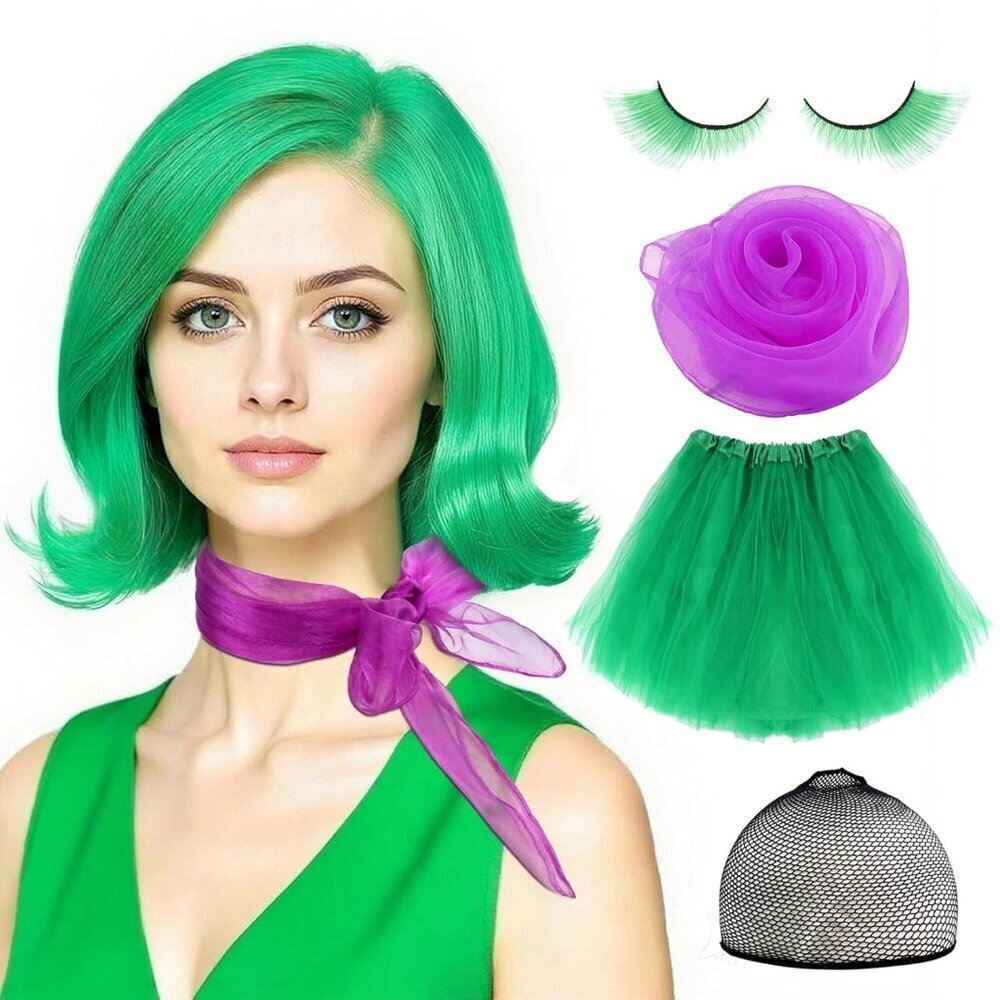 Adult Green Cosplay Wig Set with Cap Lashes Scarf Puff Skirt Halloween